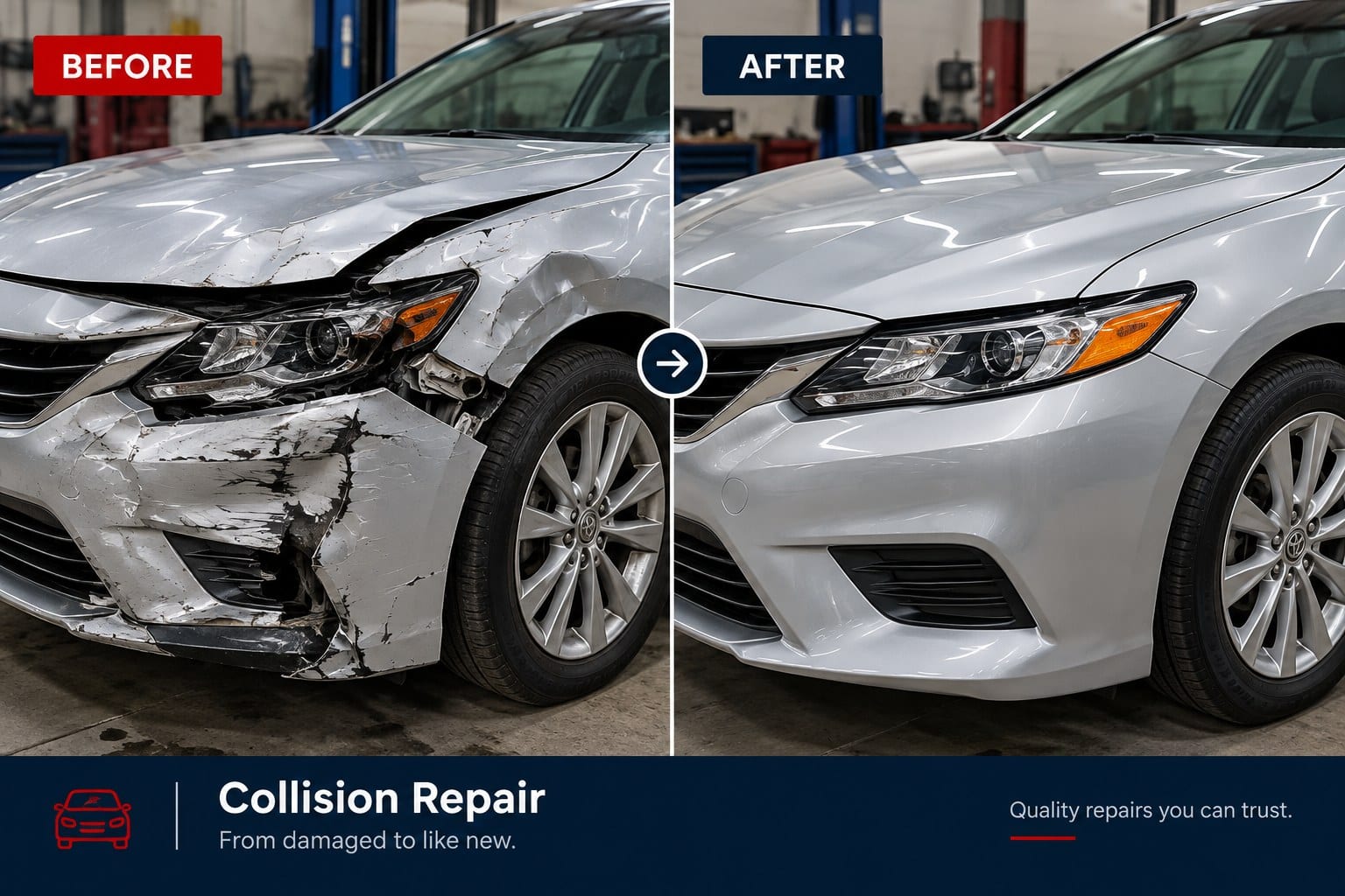 Before-and-after photo of a collision-damaged front bumper repaired to a like-new finish