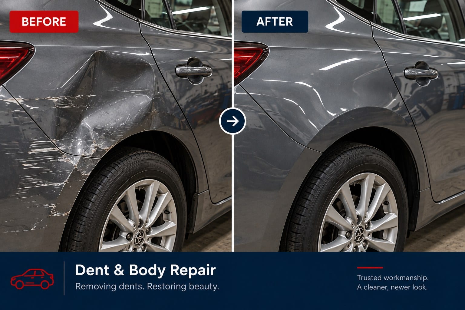 Before-and-after photo of a dented door panel repaired and refinished