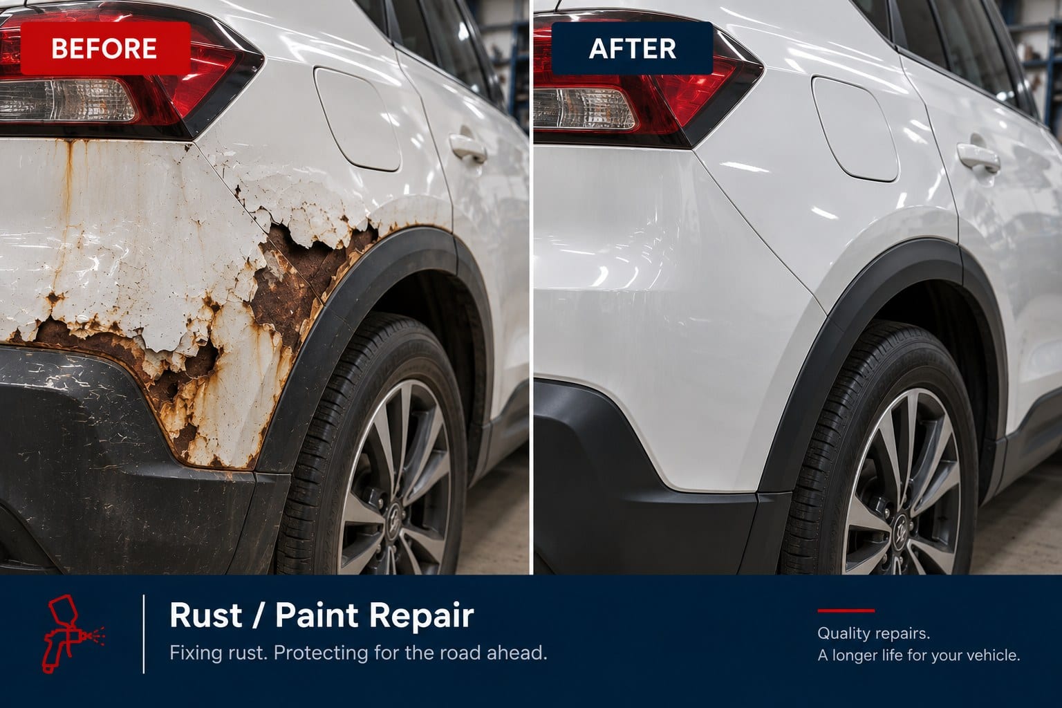 Before-and-after photo of a rusted rear quarter panel repaired and repainted