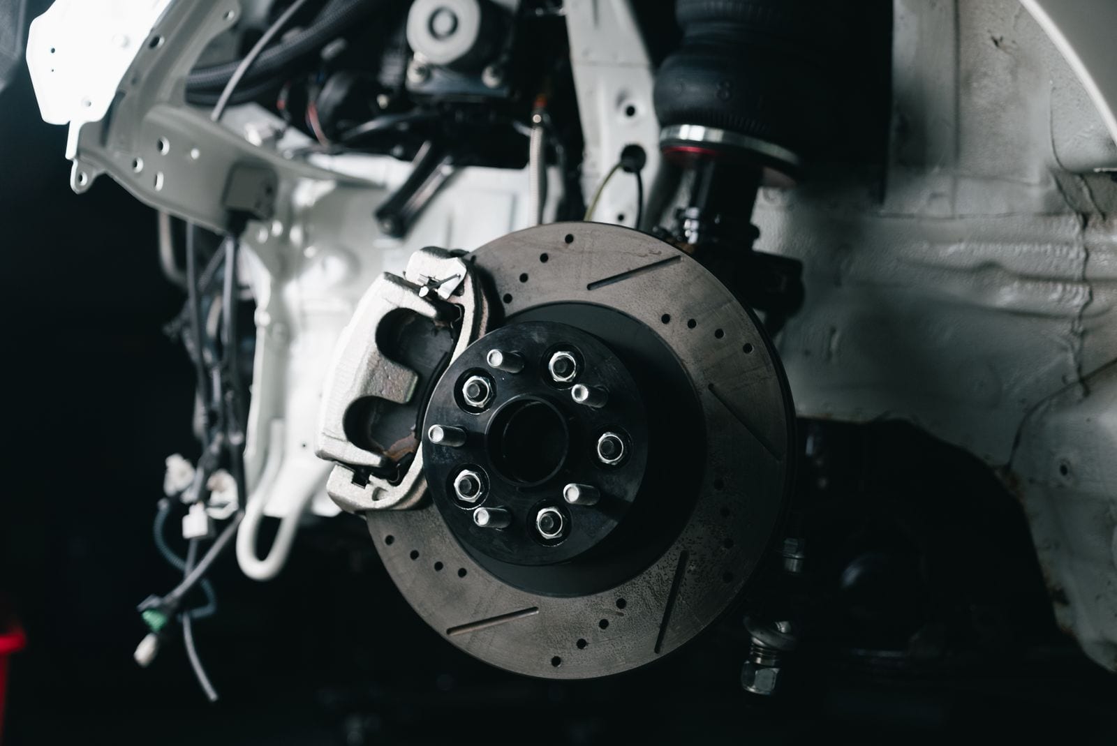 An exposed disc brake and caliper