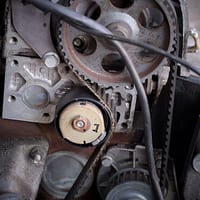 Close-up of a car engine's timing belt and pulley