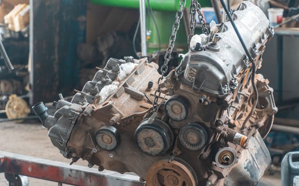 A car engine being lifted by a chain hoist